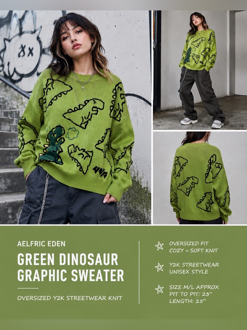 Aelfric Eden Dinosaur Sweater Green Oversized Graphic Knit Y2K Streetwear Sz M/L